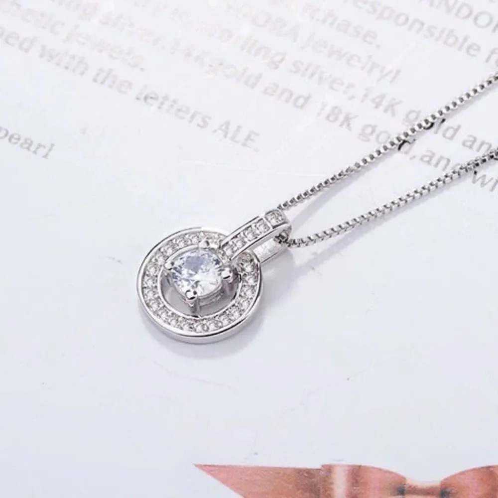 Sterling Silver Solitaire and Halo Pendant Necklace